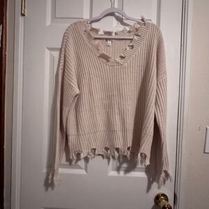 Versona  V-neck Frayed Distressed Oversized slouchy Beige Sweater Size Large